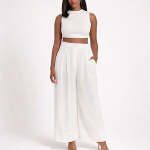 Revolve Babylon Collection Wide Leg Cuffed Trouser Pants in White Cream